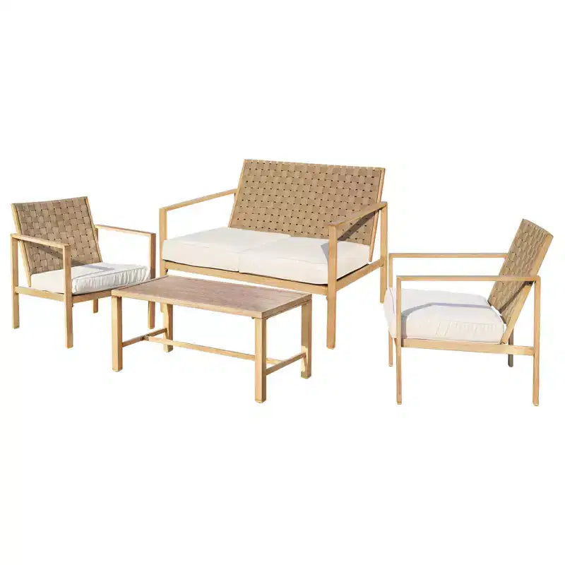 Bestier 4 Pieces Metal Patio Furniture Set, Outdoor Rattan Patio Conversation Sets with Soft Cushion for Garden, Backyard, Porch, Poolside