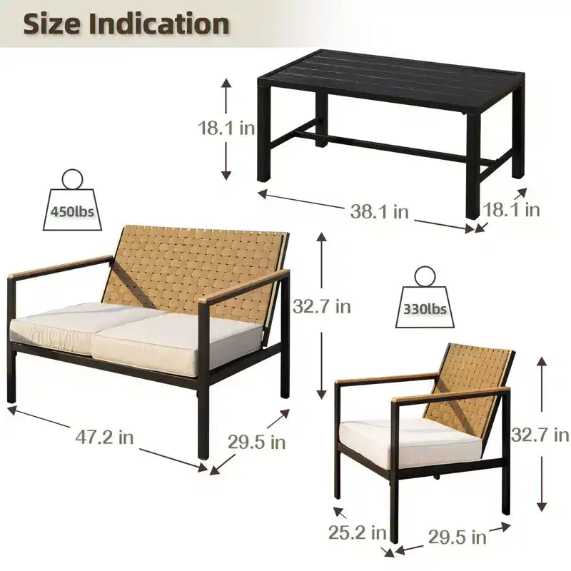 Bestier 4 Pieces Metal Patio Furniture Set, Outdoor Rattan Patio Conversation Sets with Soft Cushion for Garden, Backyard, Porch, Poolside