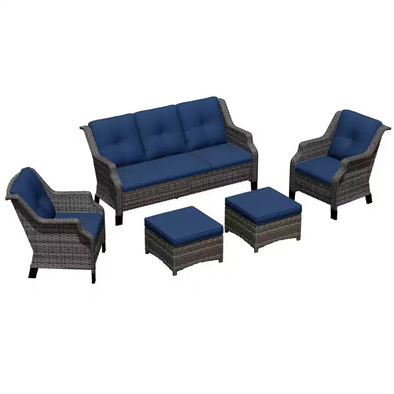 Bestier Patio Furniture Set, 5-Piece Wicker Conversation Set with Thick Cushion and Ottomans, Outdoor Rattan Sofa Chairs for Backyard, Garden, Porch