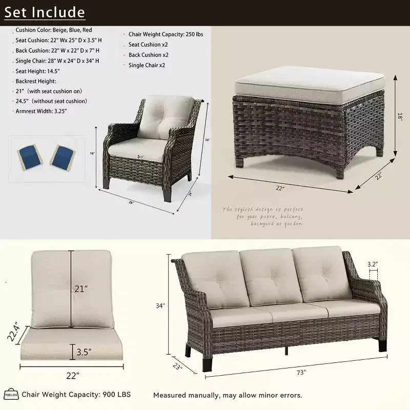 Bestier Patio Furniture Set, 5-Piece Wicker Conversation Set with Thick Cushion and Ottomans, Outdoor Rattan Sofa Chairs for Backyard, Garden, Porch
