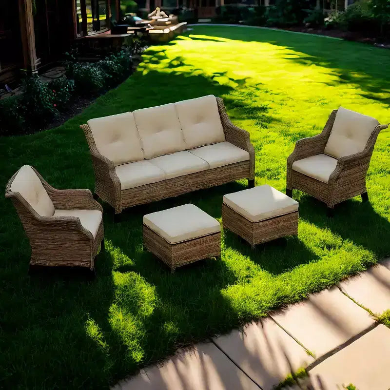 Bestier Patio Furniture Set, 5-Piece Wicker Conversation Set with Thick Cushion and Ottomans, Outdoor Rattan Sofa Chairs for Backyard, Garden, Porch