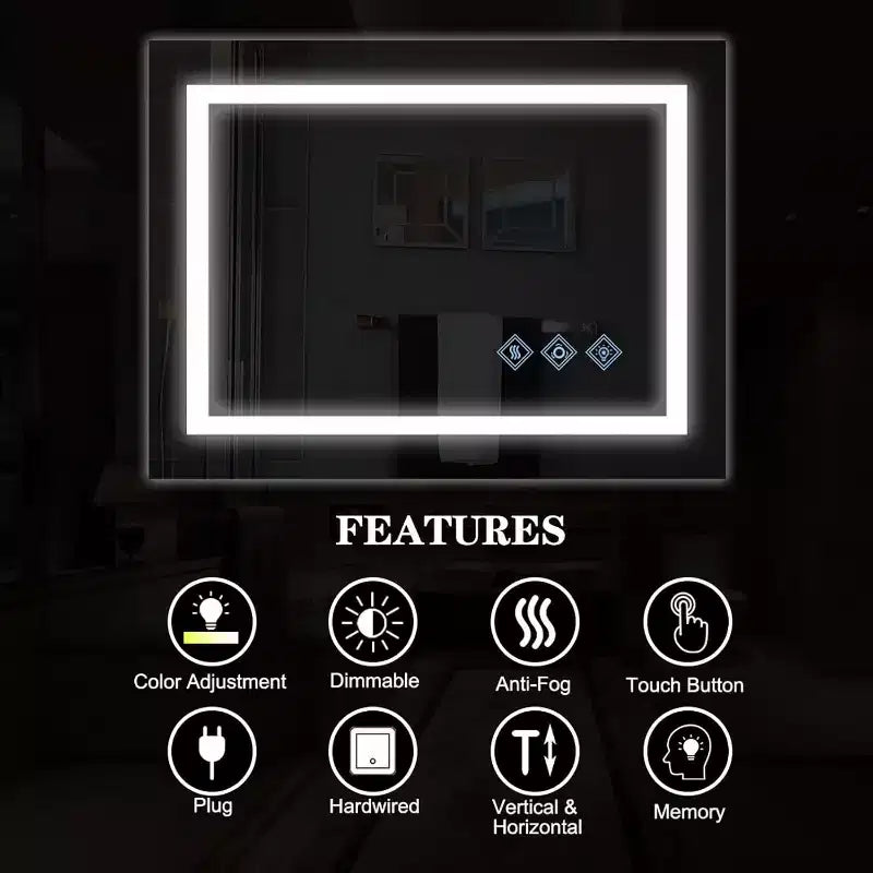 32x24 Inch LED Bathroom Mirror, Front & Backlit Vanity Mirror, Anti-Fog, Memory Function, Adjustable Light (3000K-6000K), Wall Mounted