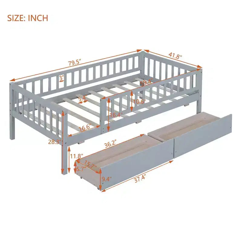 Lit de repos en bois avec deux tiroirs, taille simple, gris
