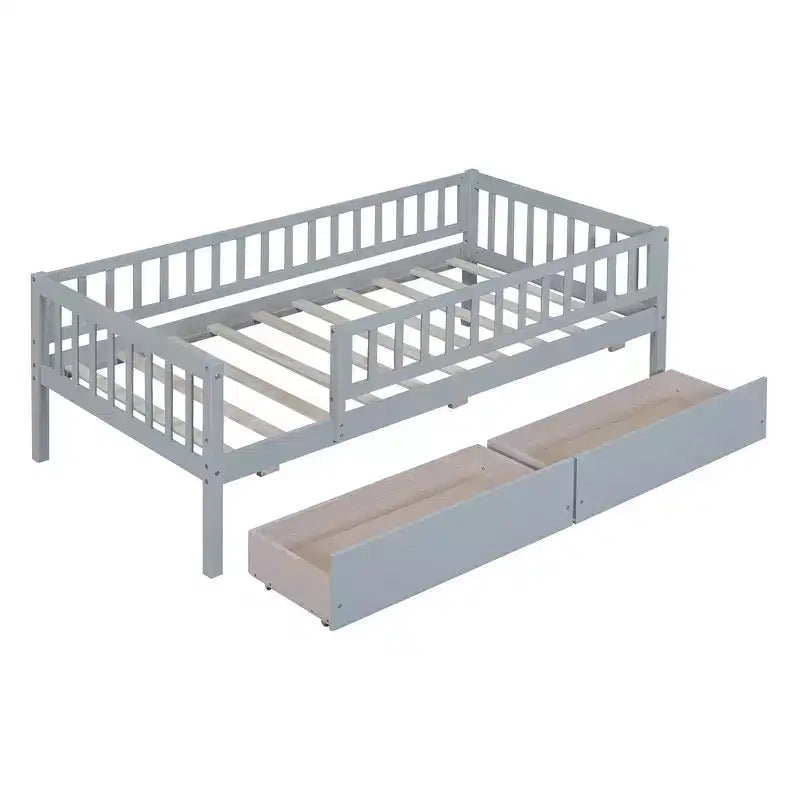Lit de repos en bois avec deux tiroirs, taille simple, gris