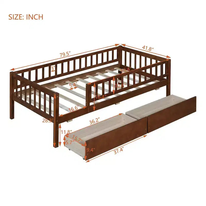 Lit de repos en bois avec deux tiroirs, taille simple, gris
