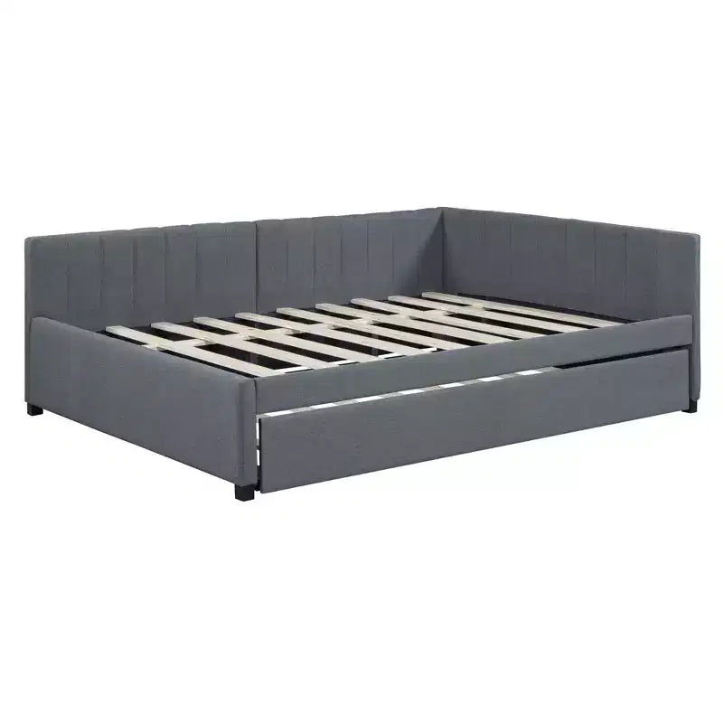 Full Size Upholstered Daybed with Trundle Sofa Bed Frame No Box Spring Needed Linen Fabric(Beige)