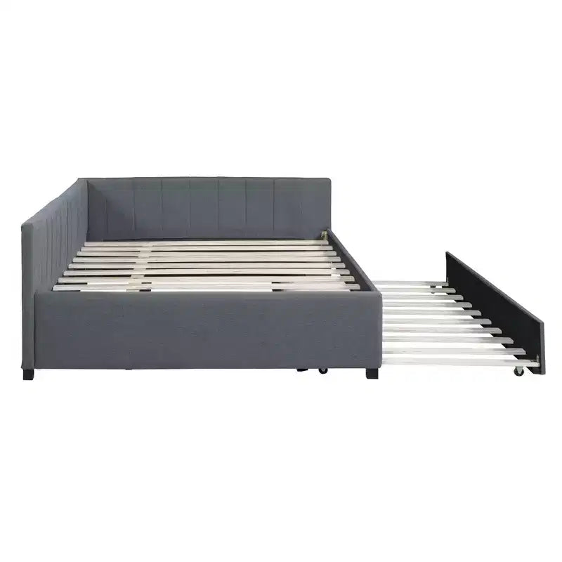 Full Size Upholstered Daybed with Trundle Sofa Bed Frame No Box Spring Needed Linen Fabric(Beige)