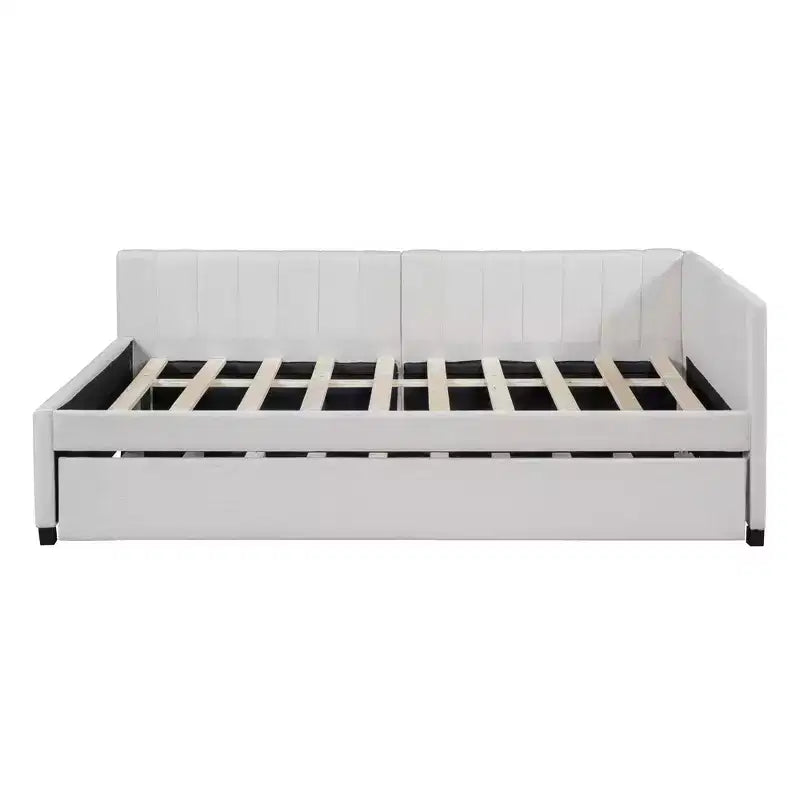 Full Size Upholstered Daybed with Trundle Sofa Bed Frame No Box Spring Needed Linen Fabric(Beige)