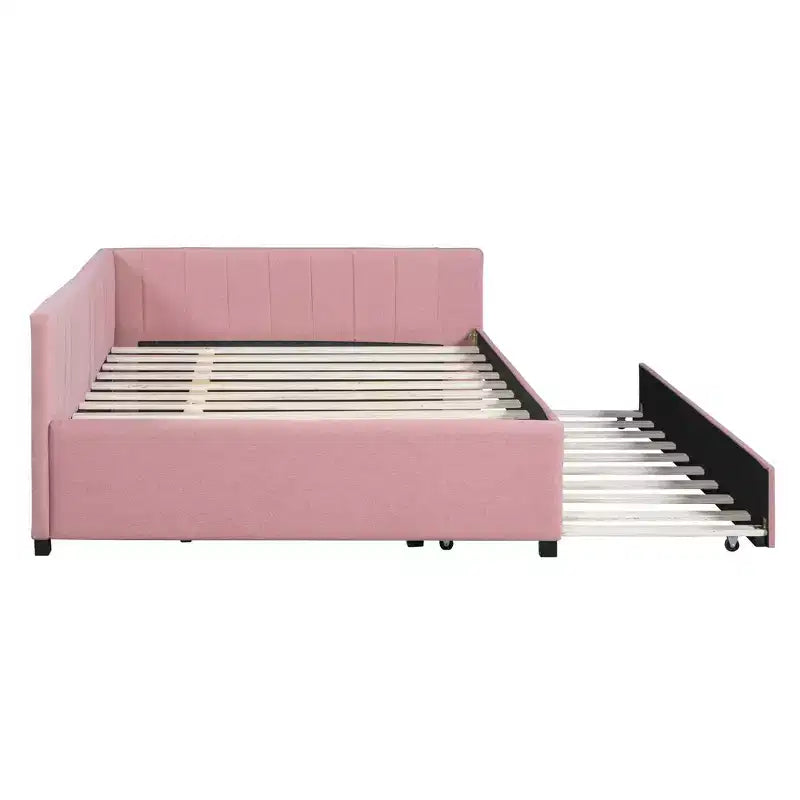 Full Size Upholstered Daybed with Trundle Sofa Bed Frame No Box Spring Needed Linen Fabric(Beige)