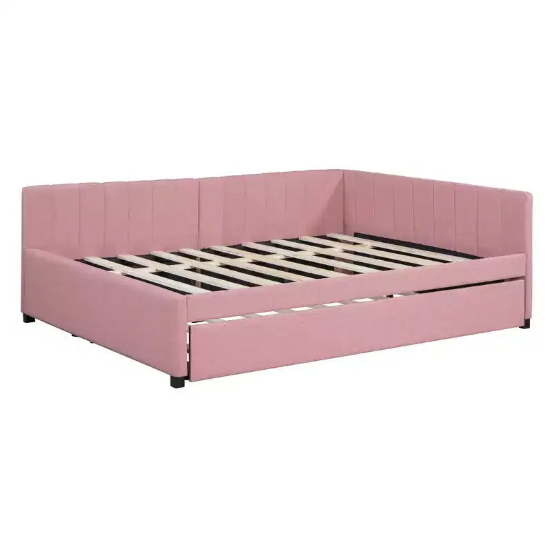 Full Size Upholstered Daybed with Trundle Sofa Bed Frame No Box Spring Needed Linen Fabric(Beige)