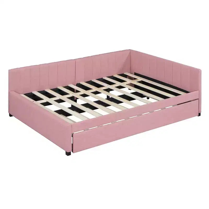 Full Size Upholstered Daybed with Trundle Sofa Bed Frame No Box Spring Needed Linen Fabric(Beige)