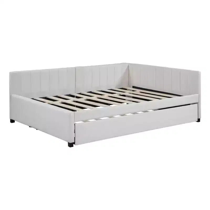 Full Size Upholstered Daybed with Trundle Sofa Bed Frame No Box Spring Needed Linen Fabric(Beige)