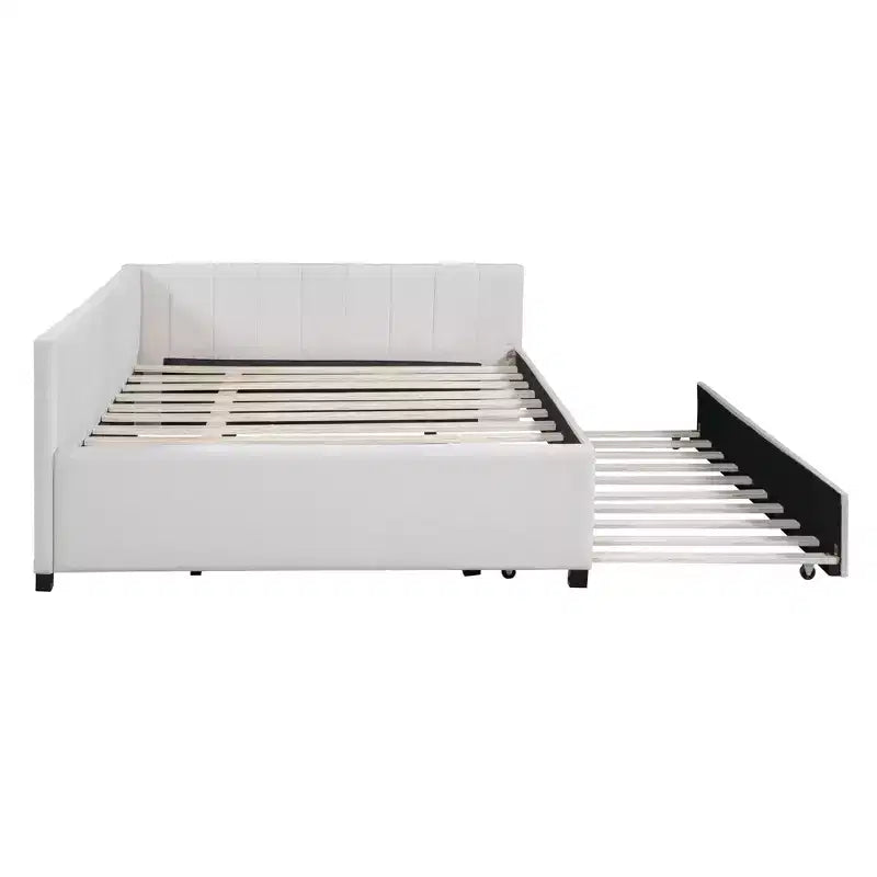Full Size Upholstered Daybed with Trundle Sofa Bed Frame No Box Spring Needed Linen Fabric(Beige)