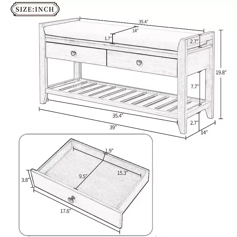 Banc de rangement de ferme Acekool 35,4" avec coussin, banc d'entrée à 2 niveaux avec étagère et 2 tiroirs pour chambre, couloir, salon, pin ancien