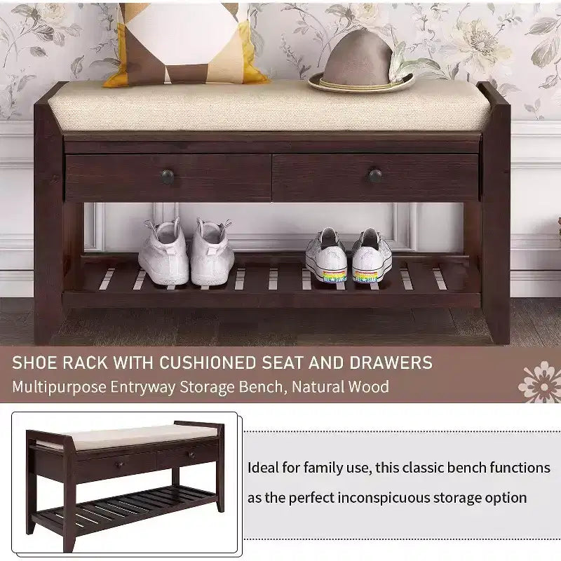 Banc de rangement de ferme Acekool 35,4" avec coussin, banc d'entrée à 2 niveaux avec étagère et 2 tiroirs pour chambre, couloir, salon, pin ancien