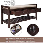 Banc de rangement de ferme Acekool 35,4" avec coussin, banc d'entrée à 2 niveaux avec étagère et 2 tiroirs pour chambre, couloir, salon, pin ancien