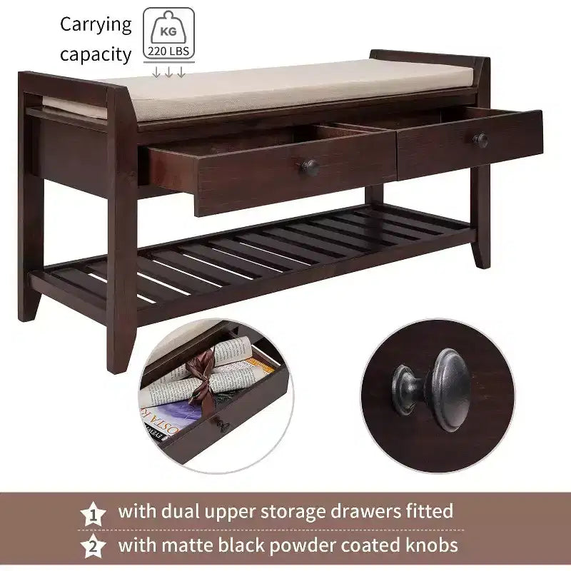 Banc de rangement de ferme Acekool 35,4" avec coussin, banc d'entrée à 2 niveaux avec étagère et 2 tiroirs pour chambre, couloir, salon, pin ancien