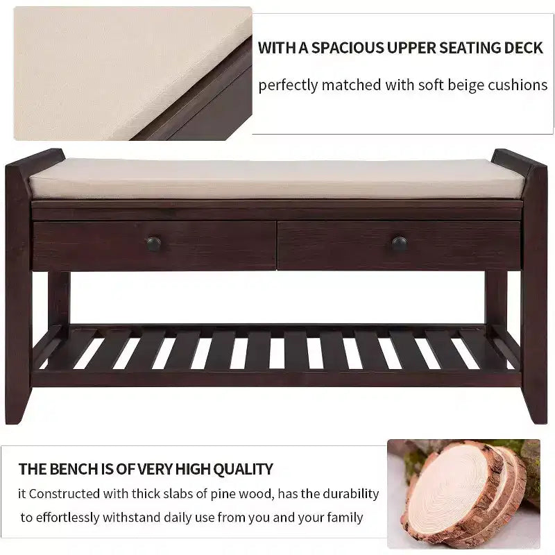Banc de rangement de ferme Acekool 35,4" avec coussin, banc d'entrée à 2 niveaux avec étagère et 2 tiroirs pour chambre, couloir, salon, pin ancien