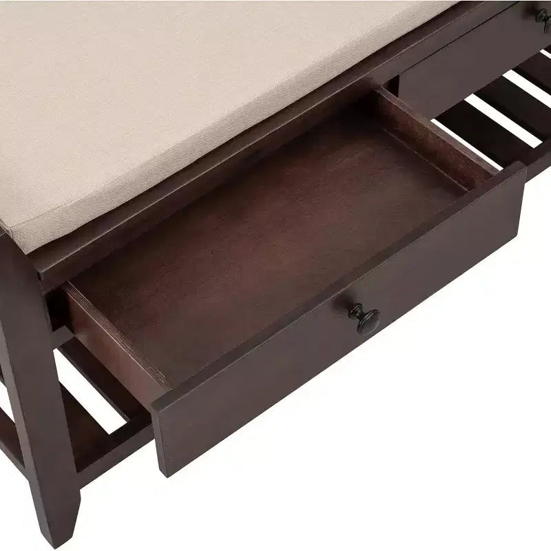 Banc de rangement de ferme Acekool 35,4" avec coussin, banc d'entrée à 2 niveaux avec étagère et 2 tiroirs pour chambre, couloir, salon, pin ancien