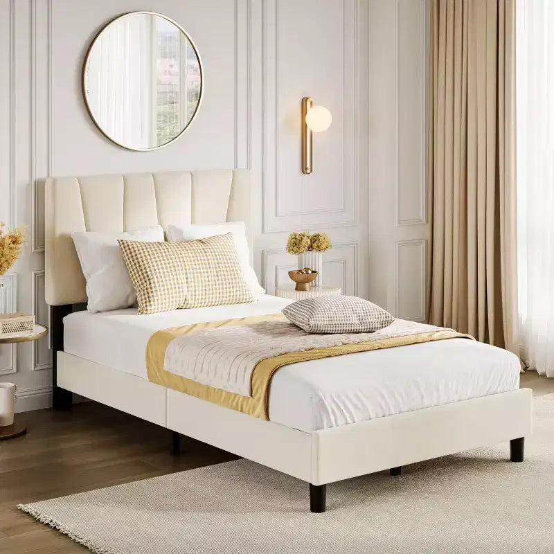 Twin Size Bed Frame with Adjustable Headboard, Velvet Upholstered Tufted Twin Platform Bedframe with Strong Wooden Slats, No Box Spring Needed