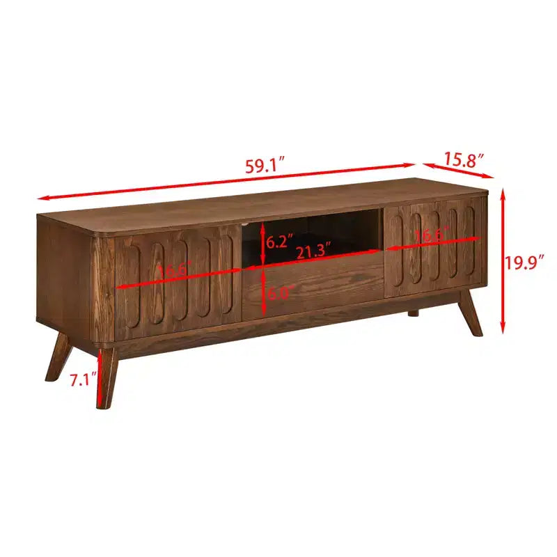 Meuble TV en bois cannelé GDFStudio Kriknak Mid-Century Modern de 150 cm avec 2 portes et 1 tiroir