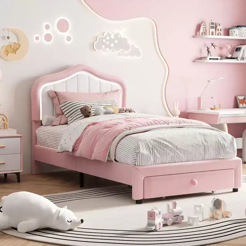 Twin Upholstered Bed Frame with Storage Drawer and Smart Led Headboard, Wooden Slats Support, No Box Spring Needed, Easy Assembly