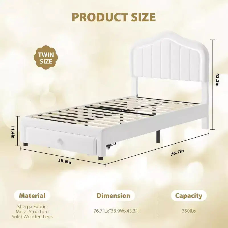 Twin Upholstered Bed Frame with Storage Drawer and Smart Led Headboard, Wooden Slats Support, No Box Spring Needed, Easy Assembly