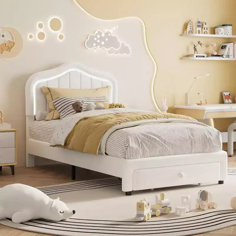 Twin Upholstered Bed Frame with Storage Drawer and Smart Led Headboard, Wooden Slats Support, No Box Spring Needed, Easy Assembly