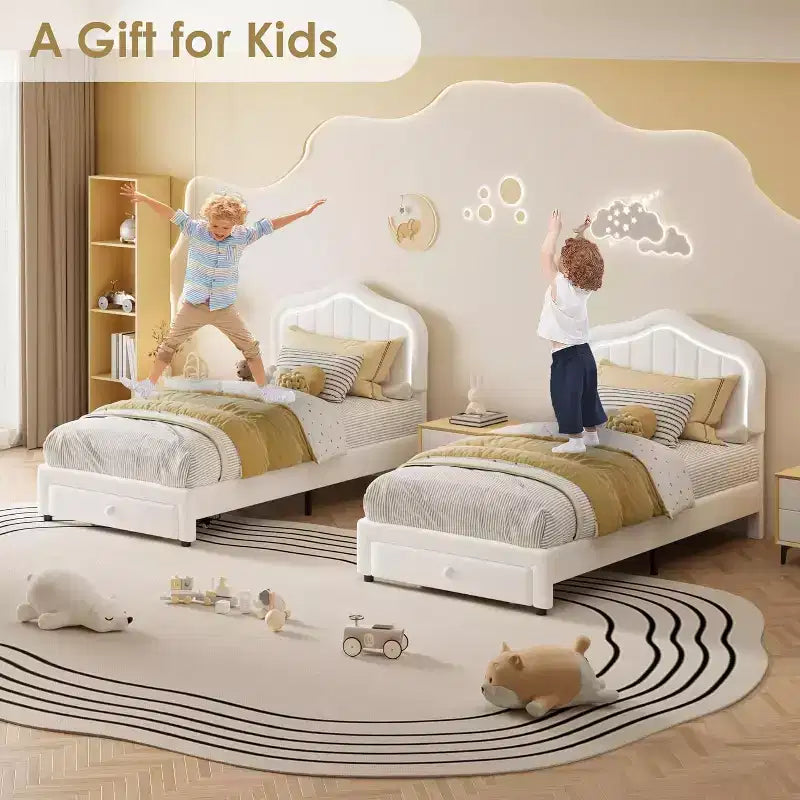 Twin Upholstered Bed Frame with Storage Drawer and Smart Led Headboard, Wooden Slats Support, No Box Spring Needed, Easy Assembly