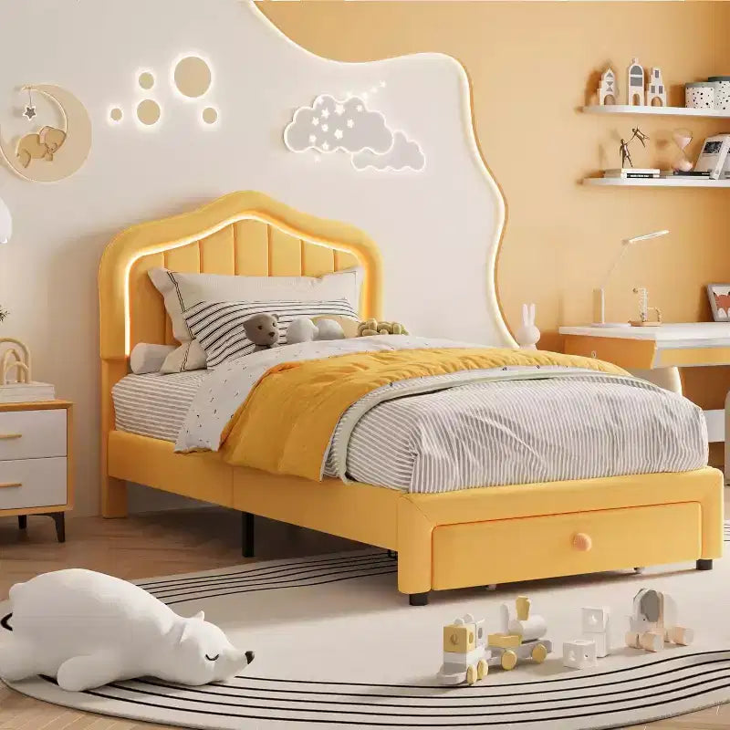 Twin Upholstered Bed Frame with Storage Drawer and Smart Led Headboard, Wooden Slats Support, No Box Spring Needed, Easy Assembly