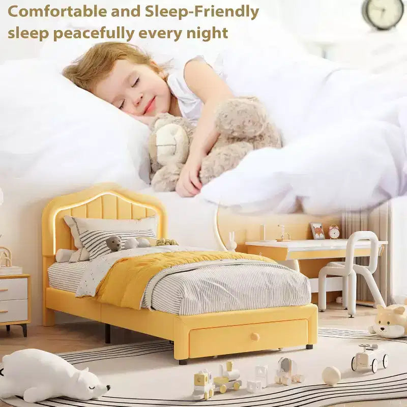 Twin Upholstered Bed Frame with Storage Drawer and Smart Led Headboard, Wooden Slats Support, No Box Spring Needed, Easy Assembly