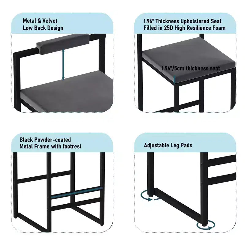 MAYEERTY Set of 2 Velvet Upholstered Bar Stools Counter Height With Footrest Backrest Modern Dining Chairs Black Gray