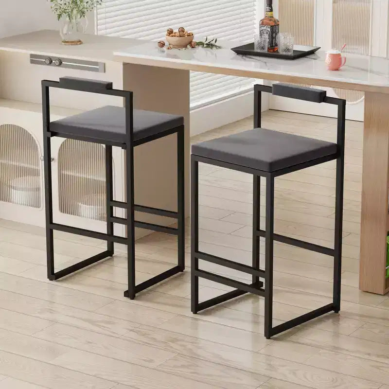 MAYEERTY Set of 2 Velvet Upholstered Bar Stools Counter Height With Footrest Backrest Modern Dining Chairs Black Gray