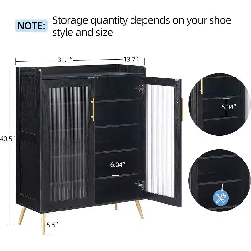 Meuble à chaussures Acekool à 5 niveaux avec portes en verre, étagères réglables, organisateur de chaussures d'entrée, rangement peu encombrant pour la maison, noir