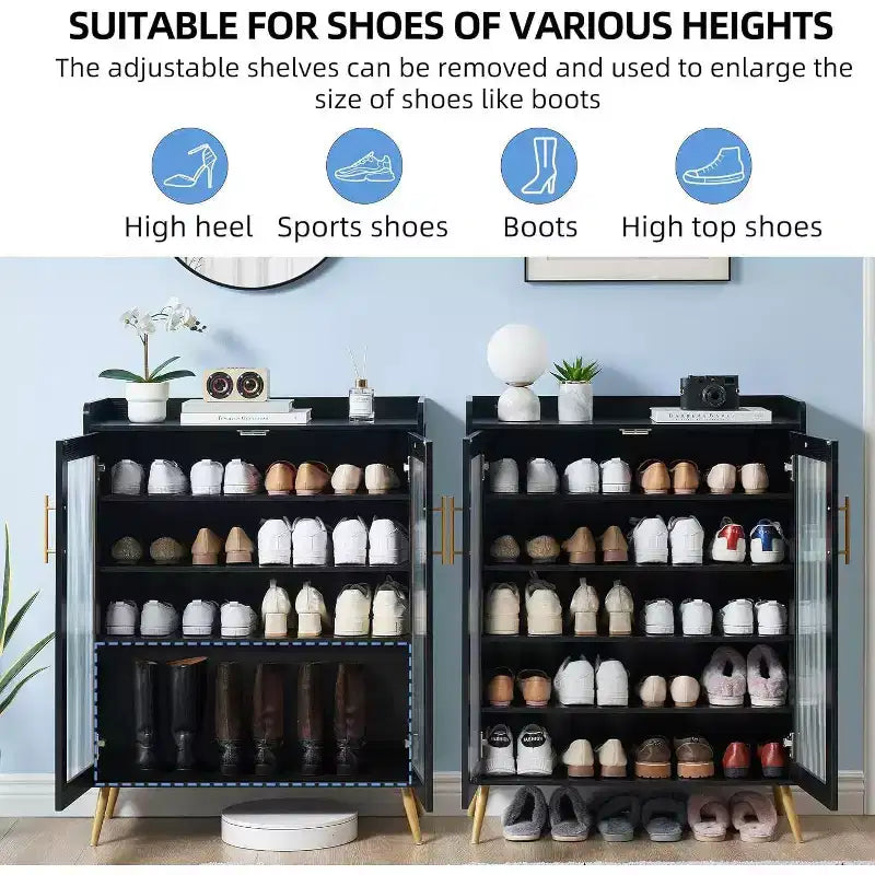 Meuble à chaussures Acekool à 5 niveaux avec portes en verre, étagères réglables, organisateur de chaussures d'entrée, rangement peu encombrant pour la maison, noir