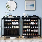 Meuble à chaussures Acekool à 5 niveaux avec portes en verre, étagères réglables, organisateur de chaussures d'entrée, rangement peu encombrant pour la maison, noir