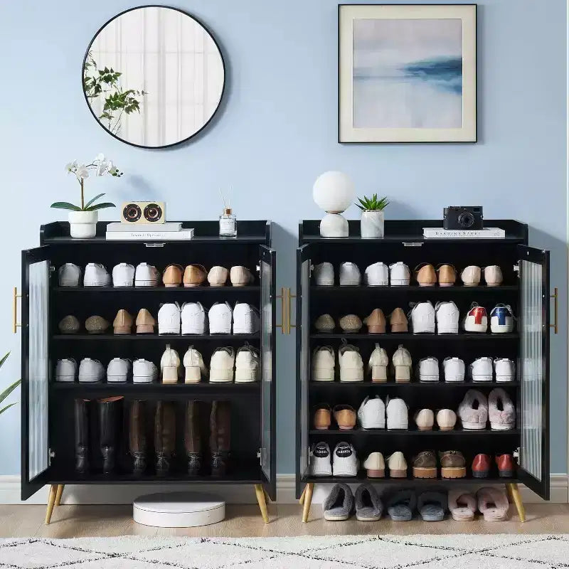 Meuble à chaussures Acekool à 5 niveaux avec portes en verre, étagères réglables, organisateur de chaussures d'entrée, rangement peu encombrant pour la maison, noir