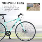 NAYSAYE Bicycle 7 Speed Hybrid Bike Aluminum Frame Double Disc Brakes for City Adventures, Green, 64.57*25.19*37.79