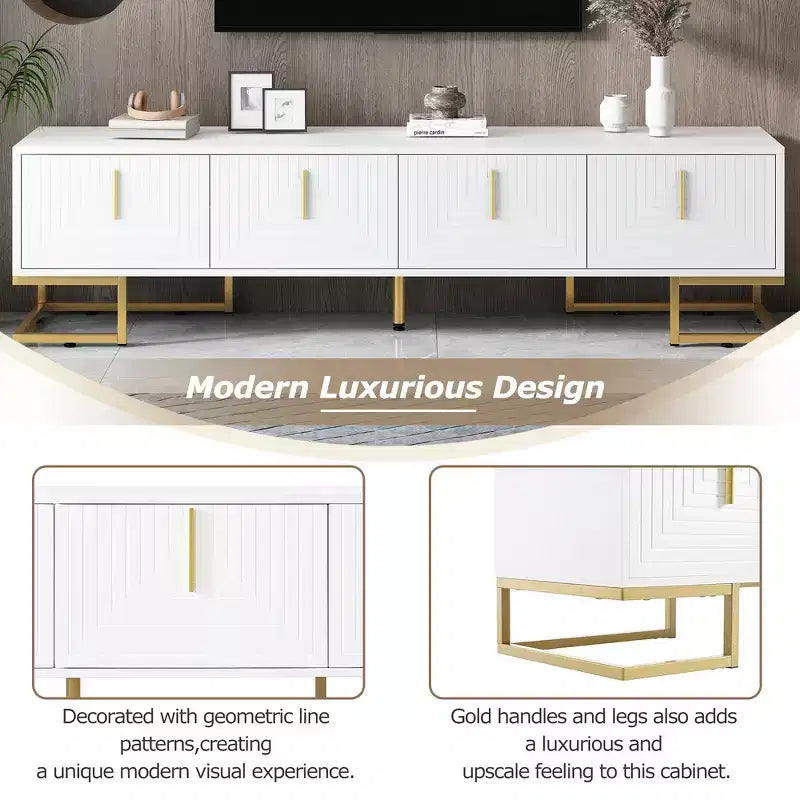 Whisen Modern TV Stand with Metal Legs & Gold Handles, Console Table with Cabinets and Adjustable Shelves, Fits TVs Up to 80''
