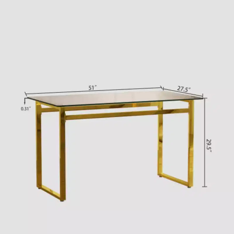 Modern Minimalist Rectangular Glass Dining Table for 4-6 with 0.31 Tempered Glass Tabletop and Golden Chrome Metal Legs