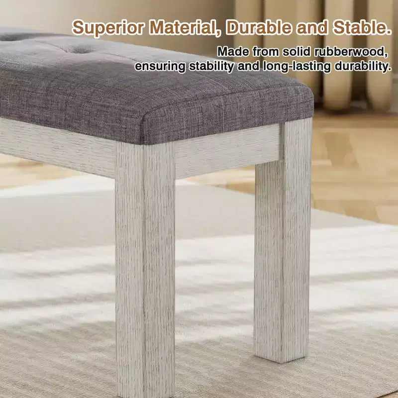 VECELO Rubber Wood Dining Bench, Upholstered Footstool, Bedside Stool for Dining Room or Kitchen, Gray