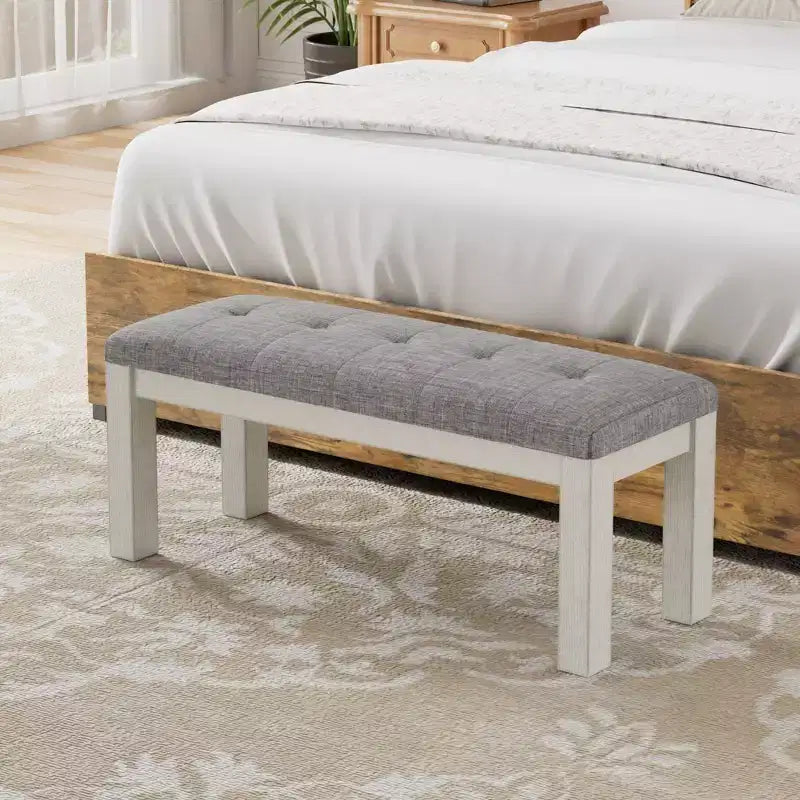 VECELO Rubber Wood Dining Bench, Upholstered Footstool, Bedside Stool for Dining Room or Kitchen, Gray