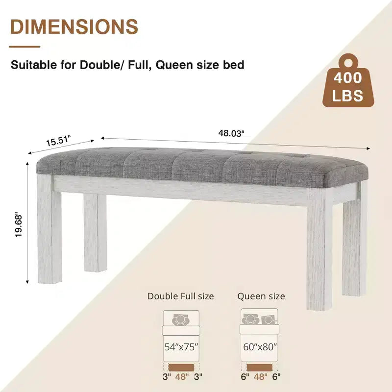 VECELO Rubber Wood Dining Bench, Upholstered Footstool, Bedside Stool for Dining Room or Kitchen, Gray