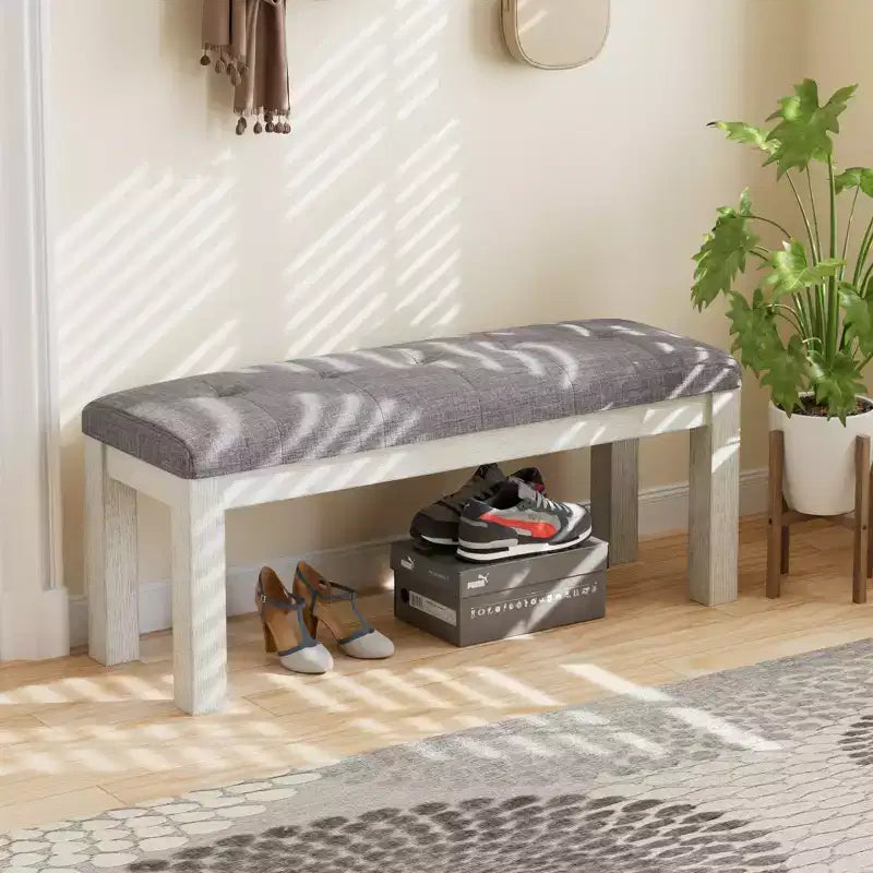 VECELO Rubber Wood Dining Bench, Upholstered Footstool, Bedside Stool for Dining Room or Kitchen, Gray