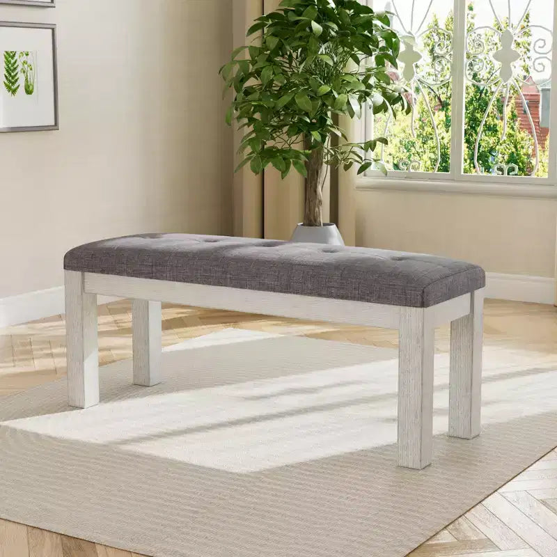 VECELO Rubber Wood Dining Bench, Upholstered Footstool, Bedside Stool for Dining Room or Kitchen, Gray