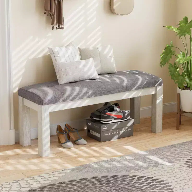 VECELO Rubber Wood Dining Bench, Upholstered Footstool, Bedside Stool for Dining Room or Kitchen, Gray