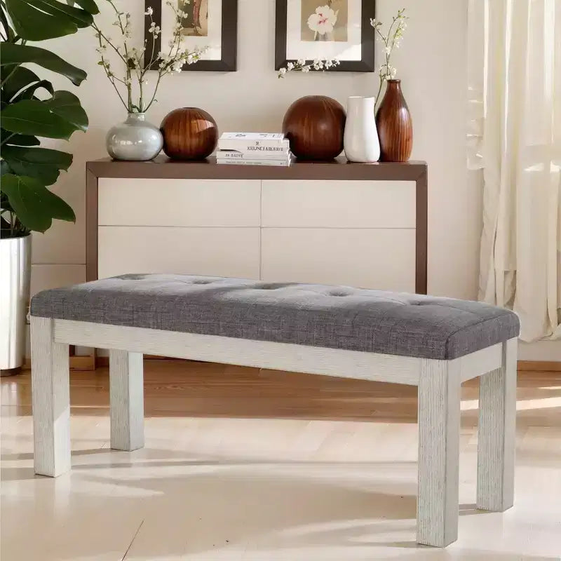 VECELO Rubber Wood Dining Bench, Upholstered Footstool, Bedside Stool for Dining Room or Kitchen, Gray
