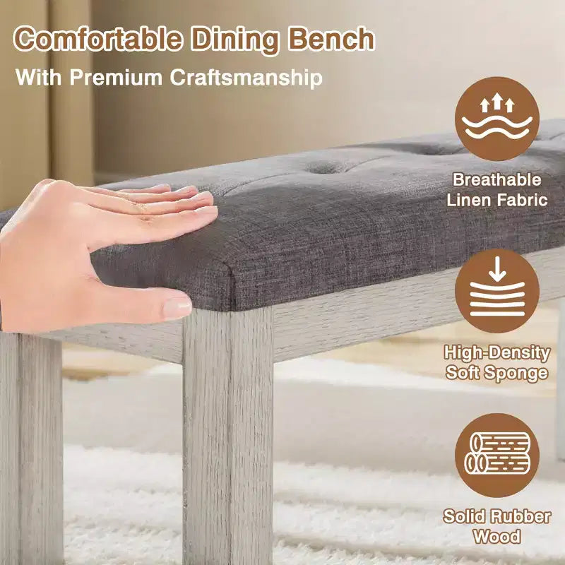 VECELO Rubber Wood Dining Bench, Upholstered Footstool, Bedside Stool for Dining Room or Kitchen, Gray