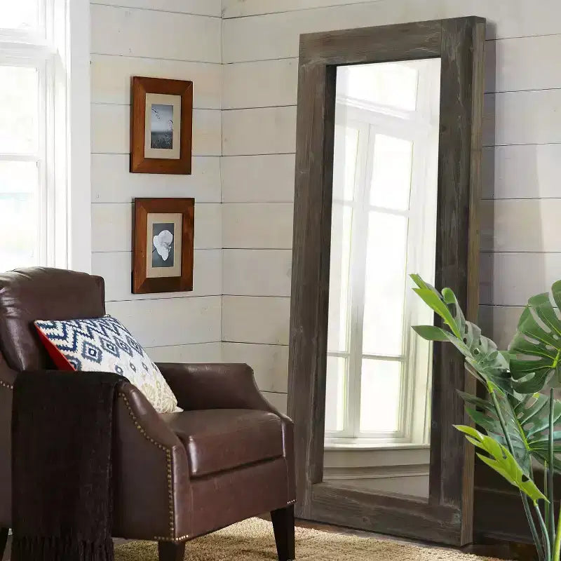PexFix 24 in. W x 58 in. H Farmhouse Rectangular Solid Wood Framed Full Length Leaning Mirror in Brown