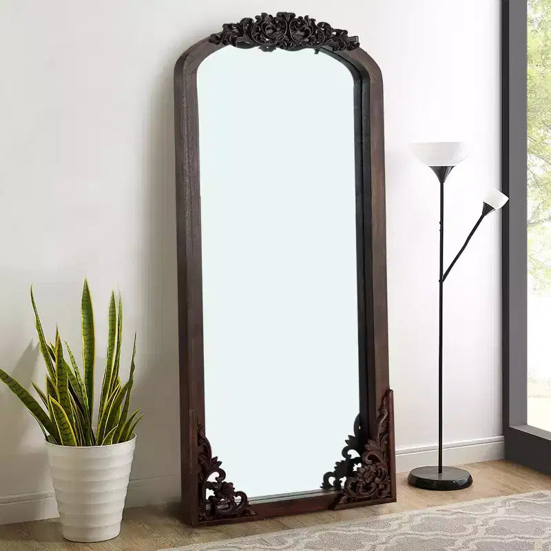 PexFix 21 in. W x 64 in. H Rustic Arched Solid Wood Framed DIY Carved Full Length Mirror in Charcoal